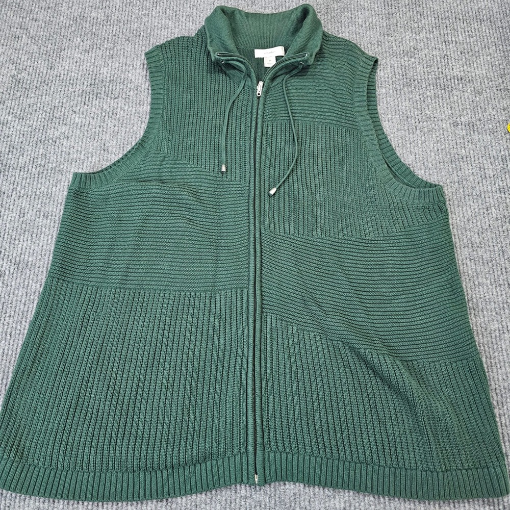 CJ Banks Sweater Vest Women 3X Green Full Zip Mixed Knit Sleeveless Cotton